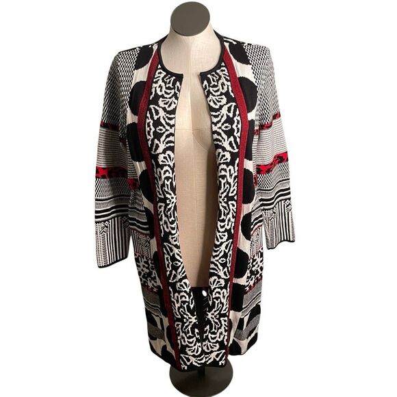 Chico's Womens Natasha Duster Sweater 2 Petite Black Red Mixed Media Open Front - Picture 1 of 9